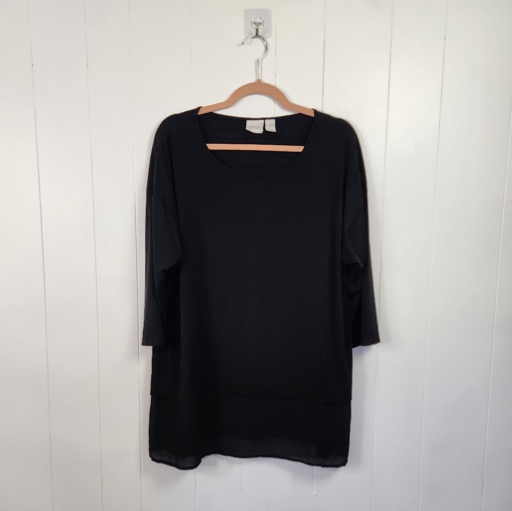 Chico's Black Slinky Knit Top 3/4 Sleeves Stretchy Tunic Office Work Wear Career
